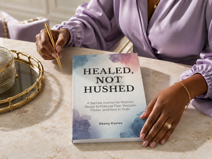 Black woman preparing to begin the Healed, Not Hushed journal at an elegant writing desk