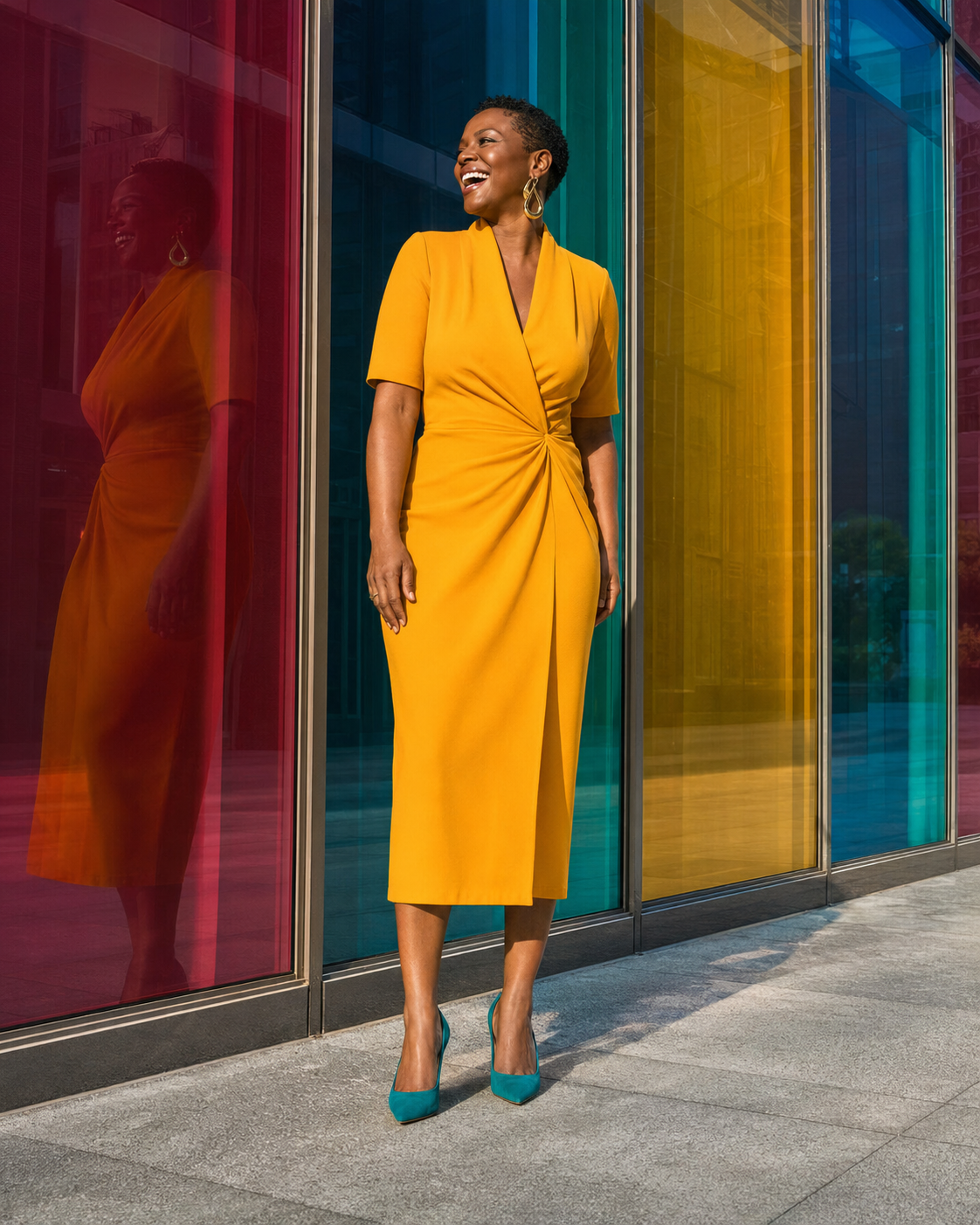 Joyful Black woman standing confidently in a marigold dress