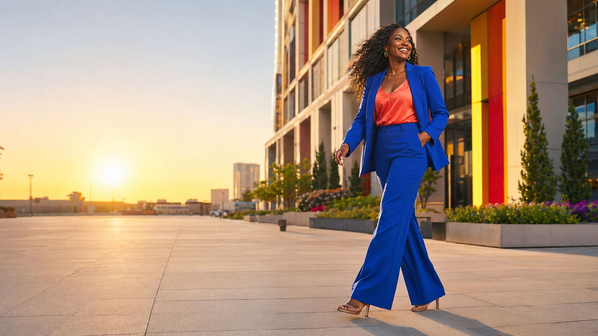 Confident Black woman walking into her future in a cobalt suit