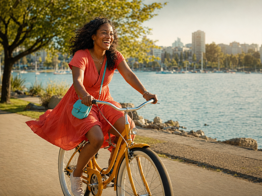 Joyful Black woman riding a bicycle by the waterfront