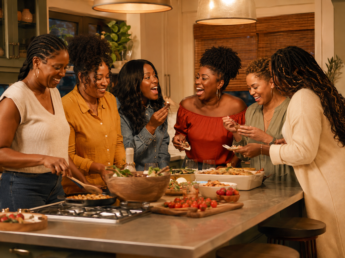 Friends cooking, laughing, and building sisterhood