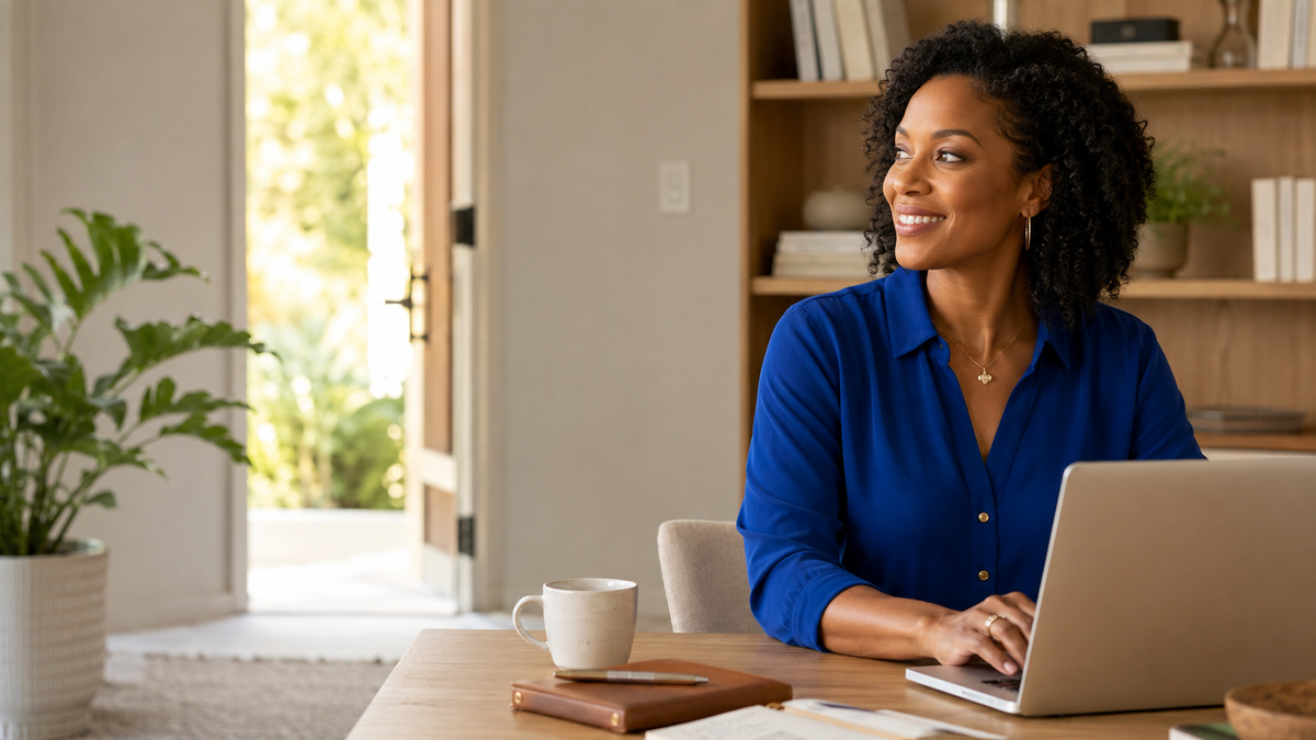 A confident woman reaching out from her light-filled home office