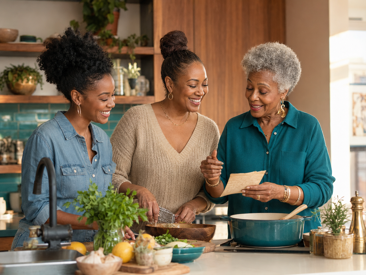 Three generations of Black women sharing a cherished recipe together