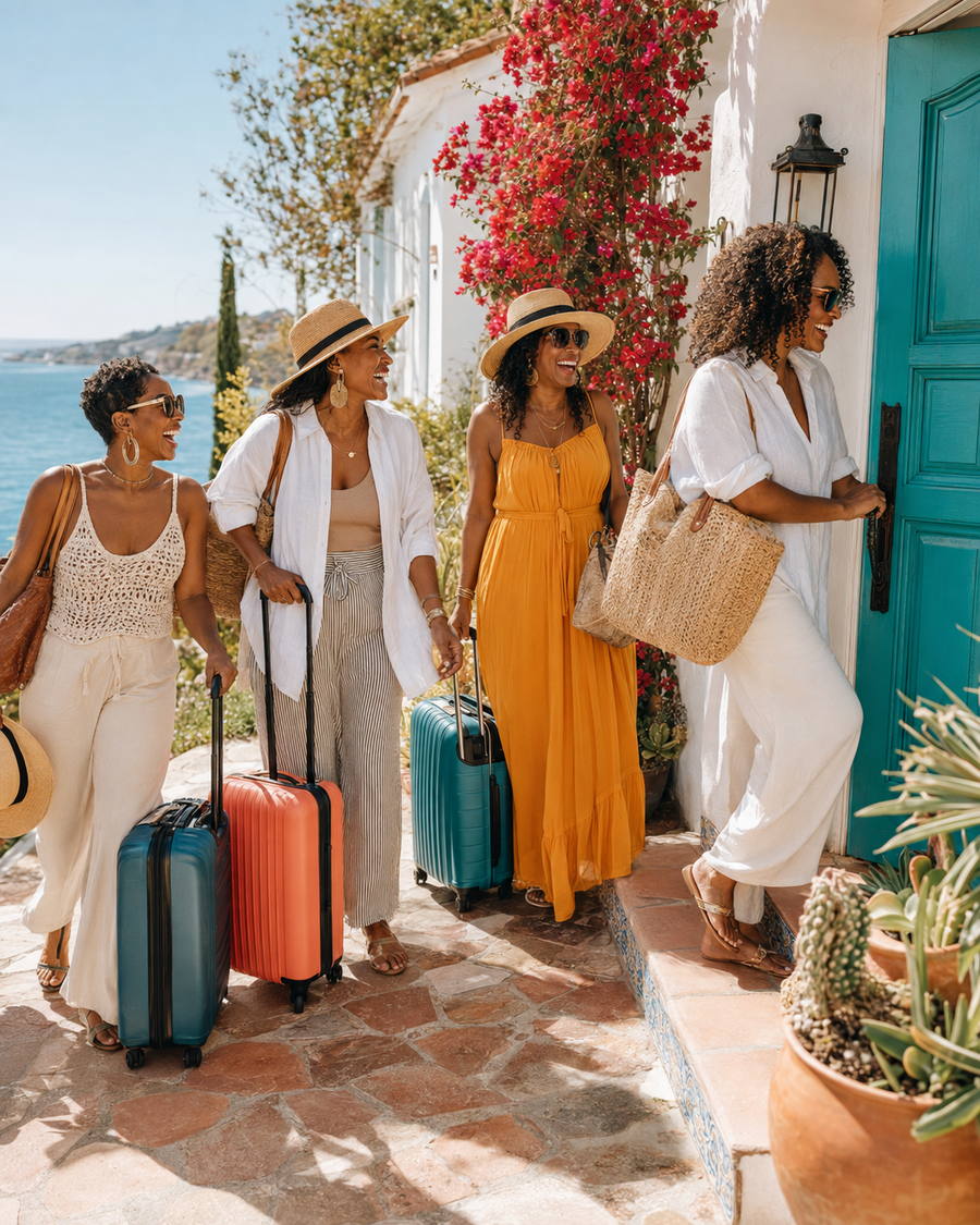 Black women arriving at a coastal villa for a girls trip