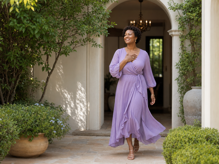 Peaceful Black woman stepping into a bright garden