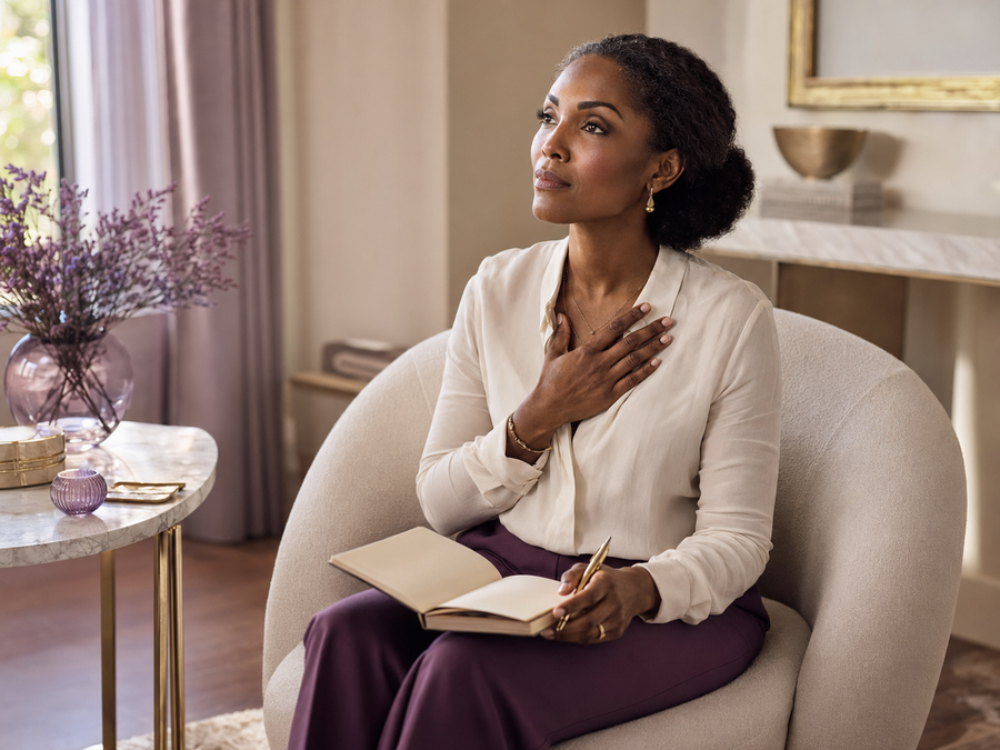 Black woman reflecting with an open journal during her inner healing work