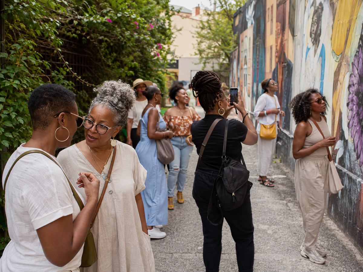 Women connecting during a colorful neighborhood art walk