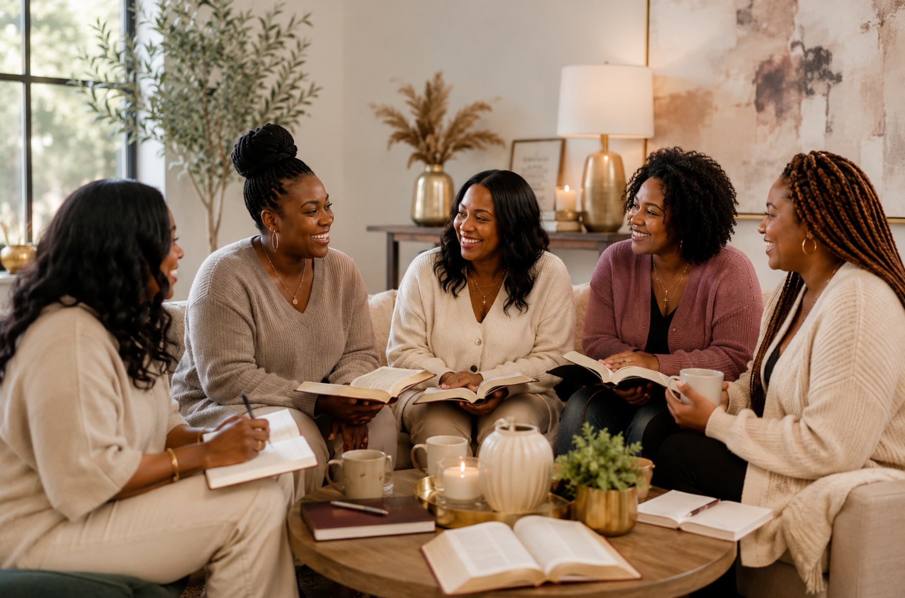 Women gathered in sisterhood with Bibles and journals