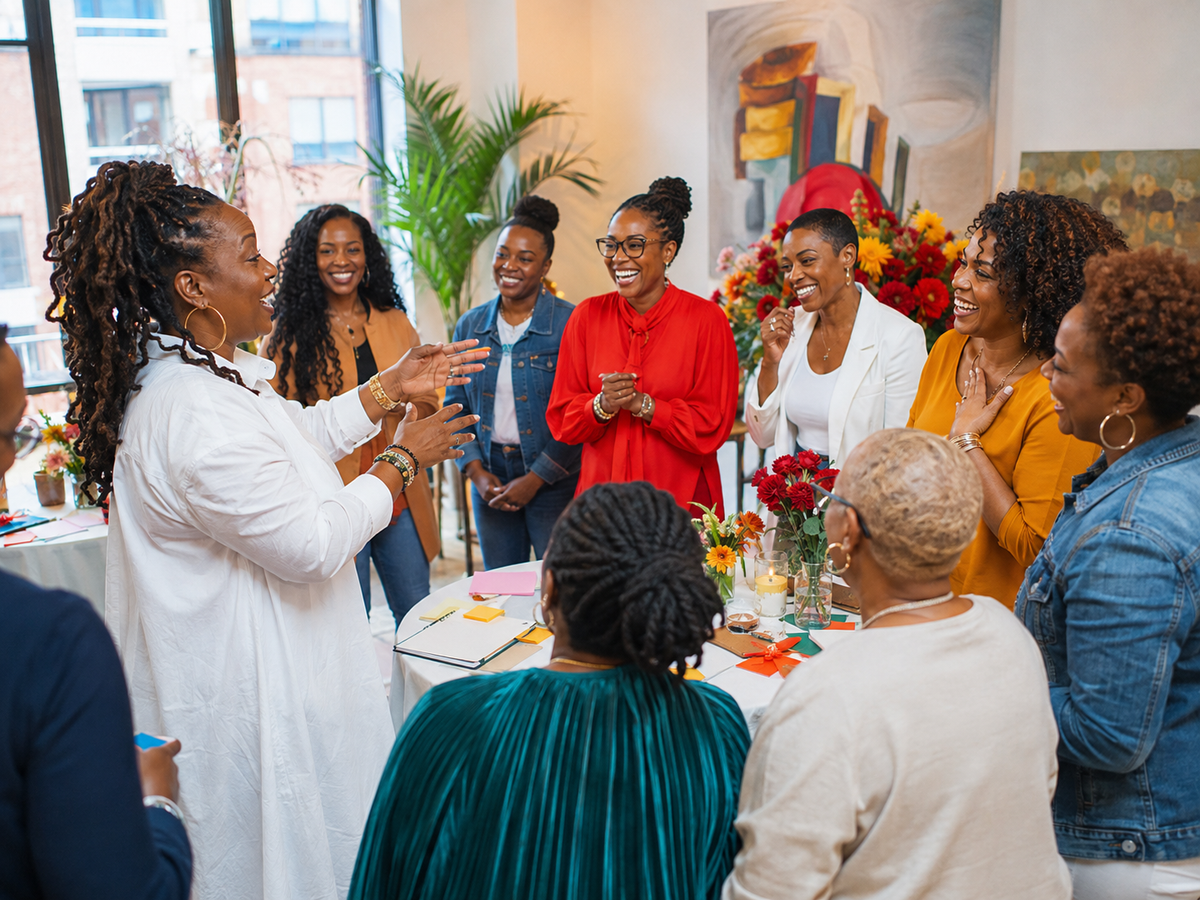 Black women laughing and participating in an interactive event